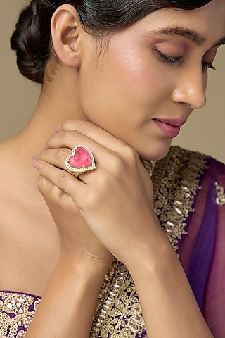 Gold Finish Kundan Polki & Heart-Cut Pink Stone Ring In Sterling Silver by Kiara Luxe