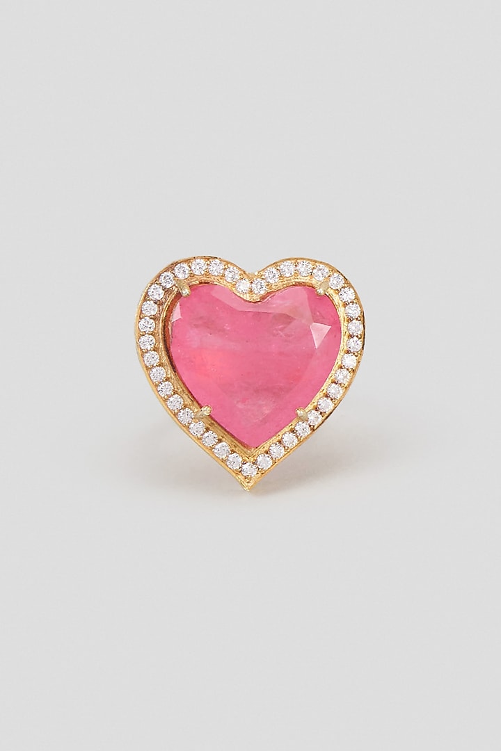 Gold Finish Kundan Polki & Heart-Cut Pink Stone Ring In Sterling Silver by Kiara Luxe at Pernia's Pop Up Shop