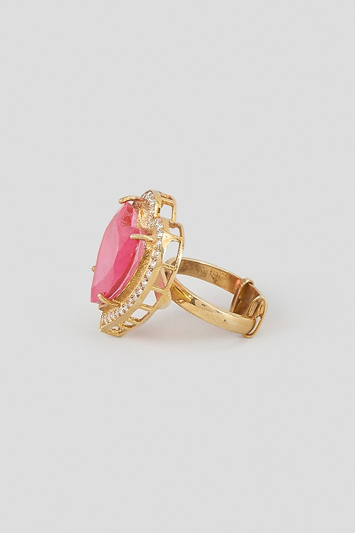 Gold Finish Kundan Polki & Heart-Cut Pink Stone Ring In Sterling Silver by Kiara Luxe at Pernia's Pop Up Shop