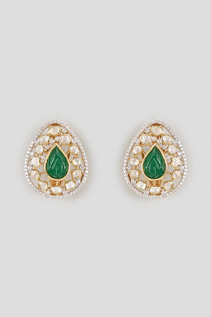 Gold Finish Kundan Polki & Pear-Cut Emerald Drop Stud Earrings In Sterling Silver by Kiara Luxe at Pernia's Pop Up Shop