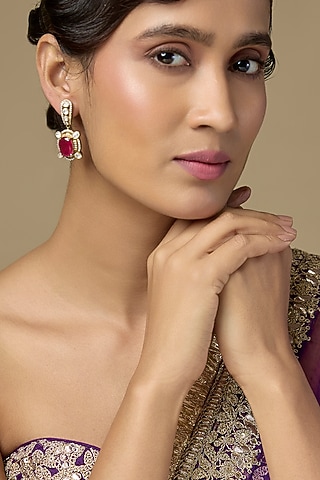 Gold Finish Kundan Polki & Oval-Cut Ruby Stone Dangler Earrings In Sterling Silver by Kiara Luxe