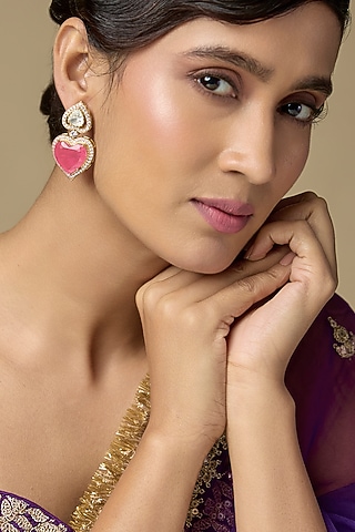 Gold Finish Diamond & Heart-Shaped Ruby Doublet Stone Dangler Earrings In Sterling Silver by Kiara Luxe