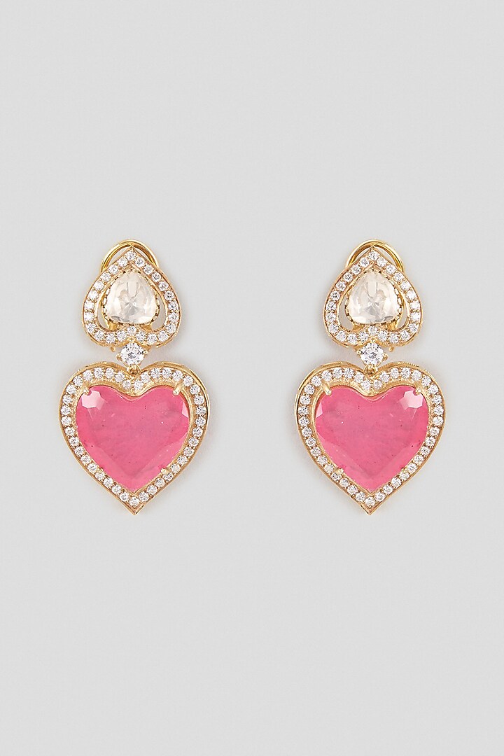 Gold Finish Diamond & Heart-Shaped Ruby Doublet Stone Dangler Earrings In Sterling Silver by Kiara Luxe at Pernia's Pop Up Shop