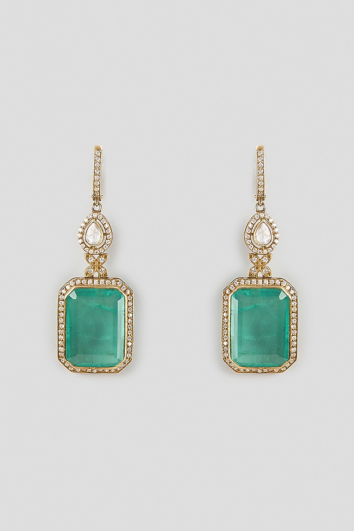 Gold Finish Diamond & Green Doublet Stone Dangler Earrings In Sterling Silver by Kiara Luxe at Pernia's Pop Up Shop