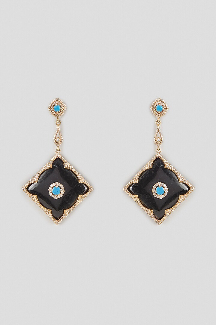 Gold Finish Kundan Polki & Black Onyx Dangler Earrings In Sterling Silver by Kiara Luxe at Pernia's Pop Up Shop