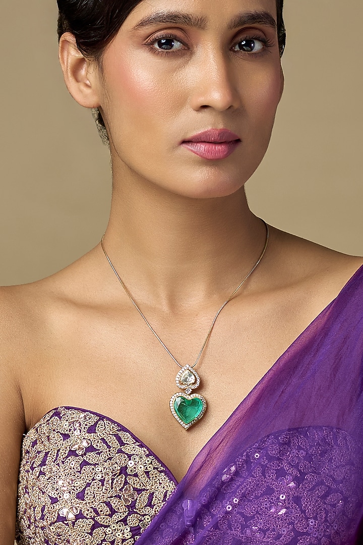 Gold Finish Diamond & Heart-Shaped Emerald Doublet Stone Pendant Necklace In Sterling Silver by Kiara Luxe at Pernia's Pop Up Shop