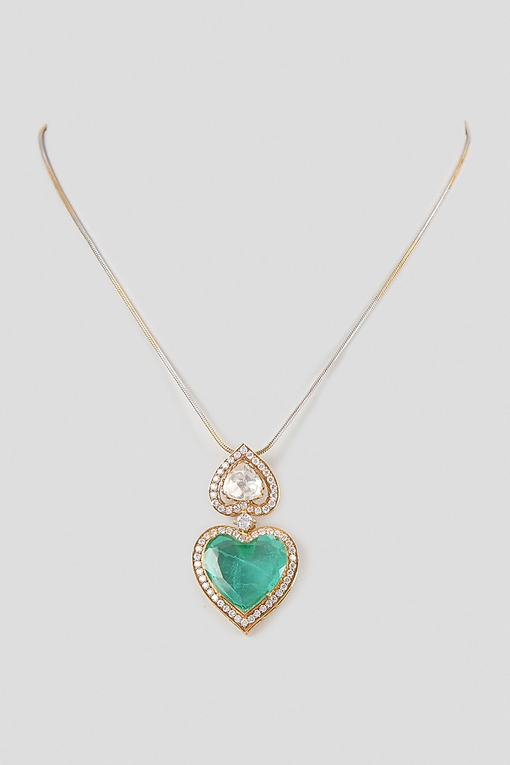 Gold Finish Diamond & Heart-Shaped Emerald Doublet Stone Pendant Necklace In Sterling Silver by Kiara Luxe at Pernia's Pop Up Shop