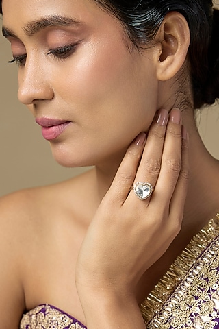 Gold Finish Kundan Polki & Heart-Cut White Stone Ring In Sterling Silver by Kiara Luxe