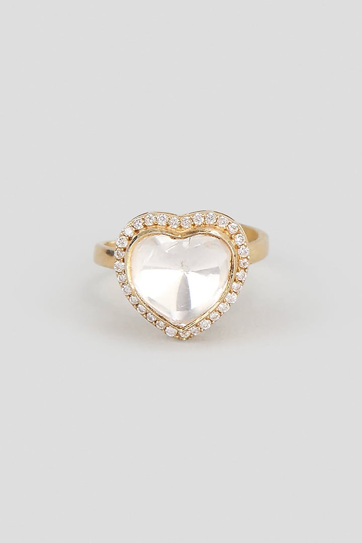 Gold Finish Kundan Polki & Heart-Cut White Stone Ring In Sterling Silver by Kiara Luxe at Pernia's Pop Up Shop