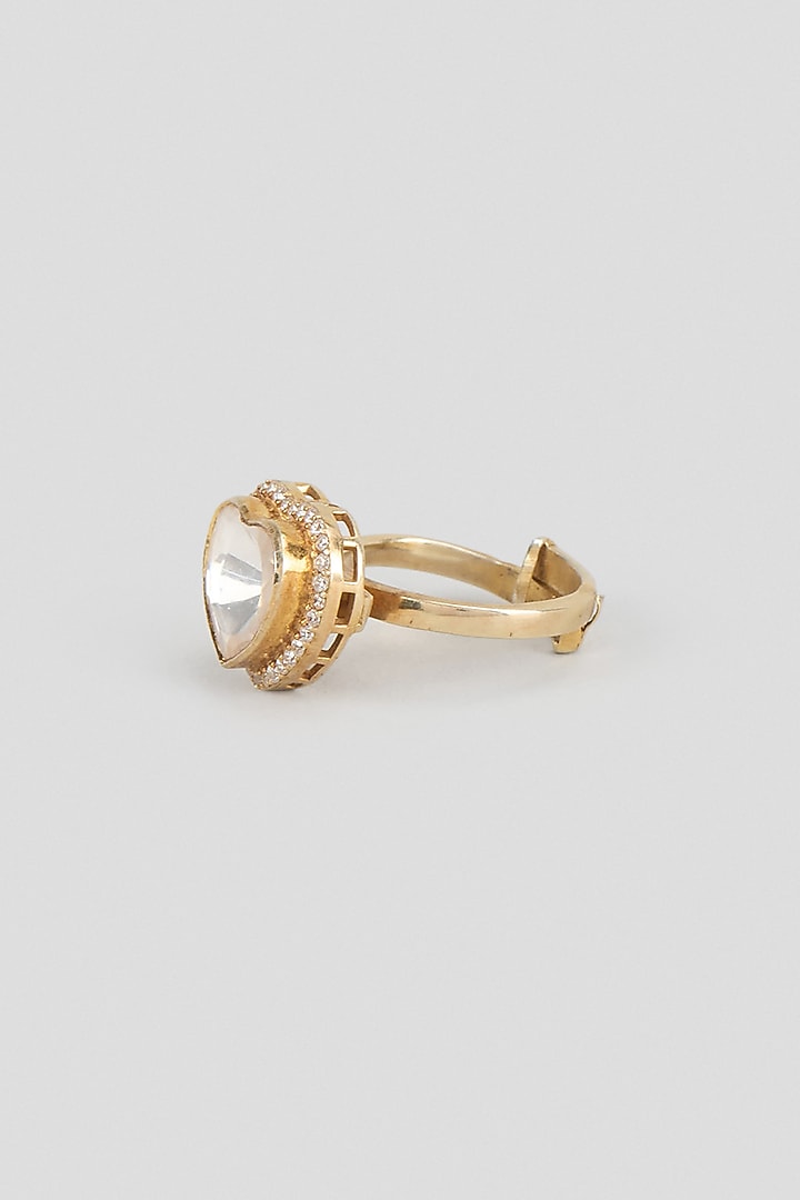 Gold Finish Kundan Polki & Heart-Cut White Stone Ring In Sterling Silver by Kiara Luxe at Pernia's Pop Up Shop
