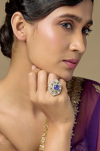 Gold Finish Kundan Polki & Hexagonal Amethyst Stone Ring In Sterling Silver by Kiara Luxe