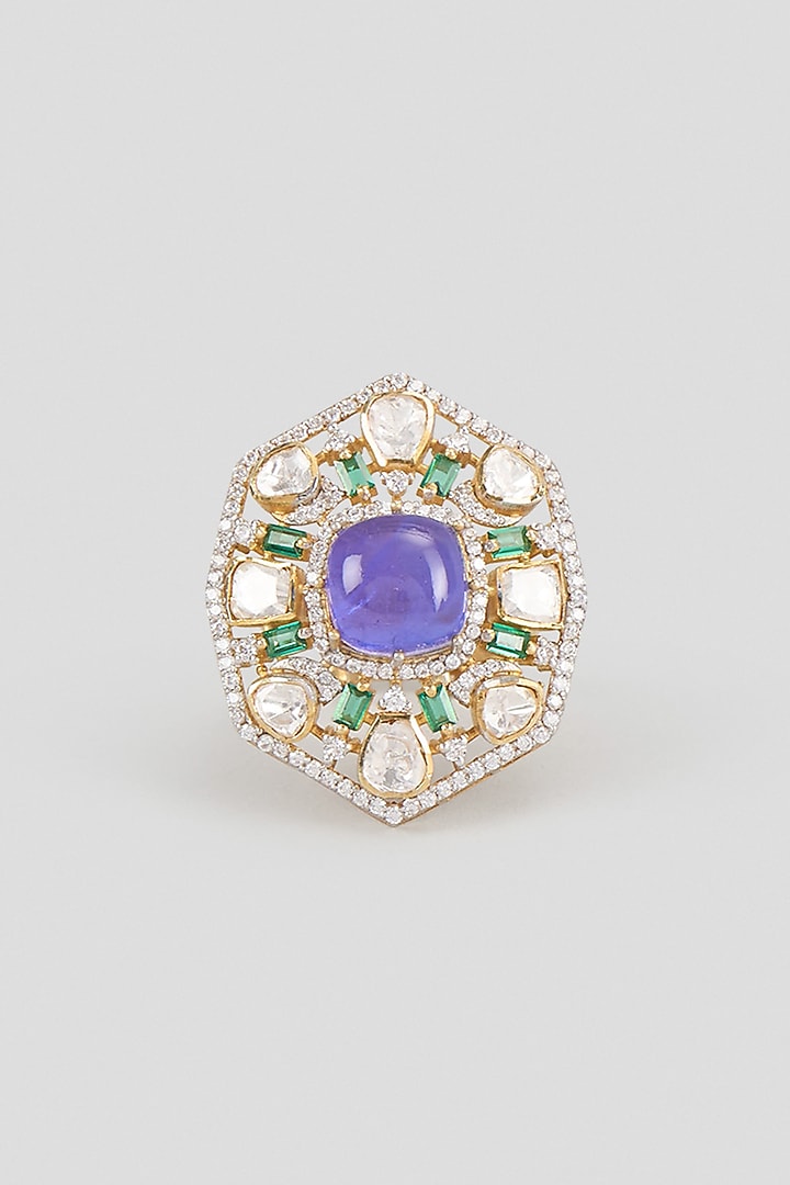 Gold Finish Kundan Polki & Hexagonal Amethyst Stone Ring In Sterling Silver by Kiara Luxe at Pernia's Pop Up Shop