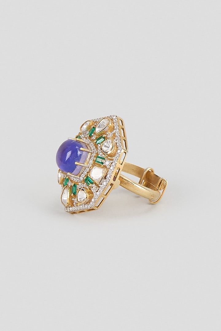 Gold Finish Kundan Polki & Hexagonal Amethyst Stone Ring In Sterling Silver by Kiara Luxe at Pernia's Pop Up Shop