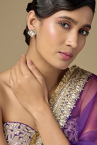 Gold Finish Square Kundan Polki & Diamond Halo Stud Earrings In Sterling Silver by Kiara Luxe