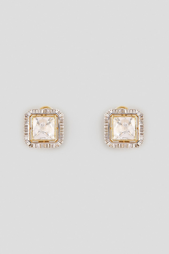 Gold Finish Square Kundan Polki & Diamond Halo Stud Earrings In Sterling Silver by Kiara Luxe at Pernia's Pop Up Shop