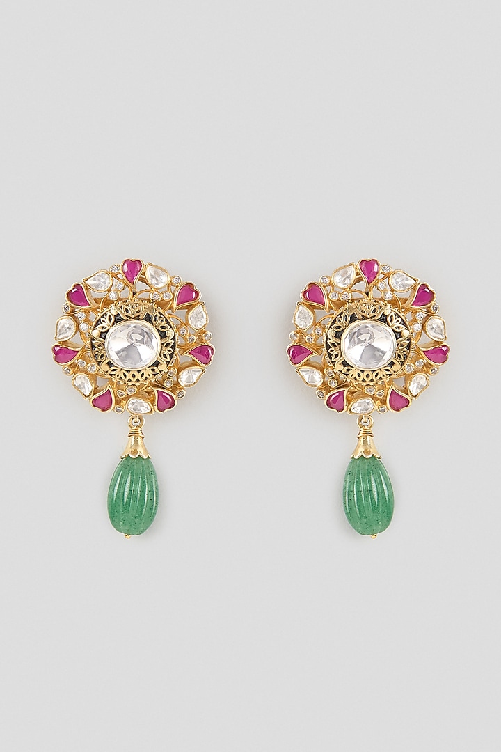 Gold Finish Kundan Polki & Teardrop Emerald Dangler Earrings In Sterling Silver by Kiara Luxe at Pernia's Pop Up Shop