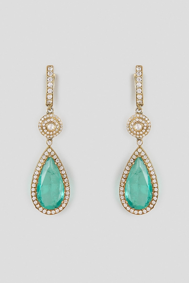 Gold Finish Kundan Polki & Teardrop Emerald Dangler Earrings In Sterling Silver by Kiara Luxe at Pernia's Pop Up Shop