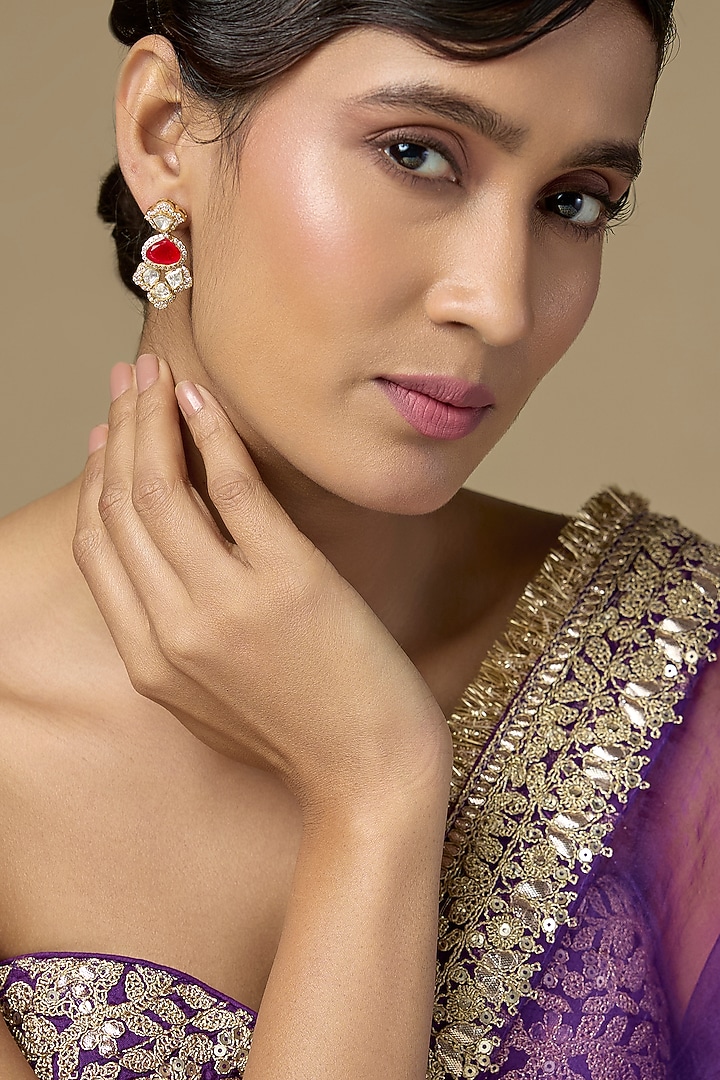 Gold Finish Kundan Polki & Ruby Stone Dangler Earrings In Sterling Silver by Kiara Luxe at Pernia's Pop Up Shop