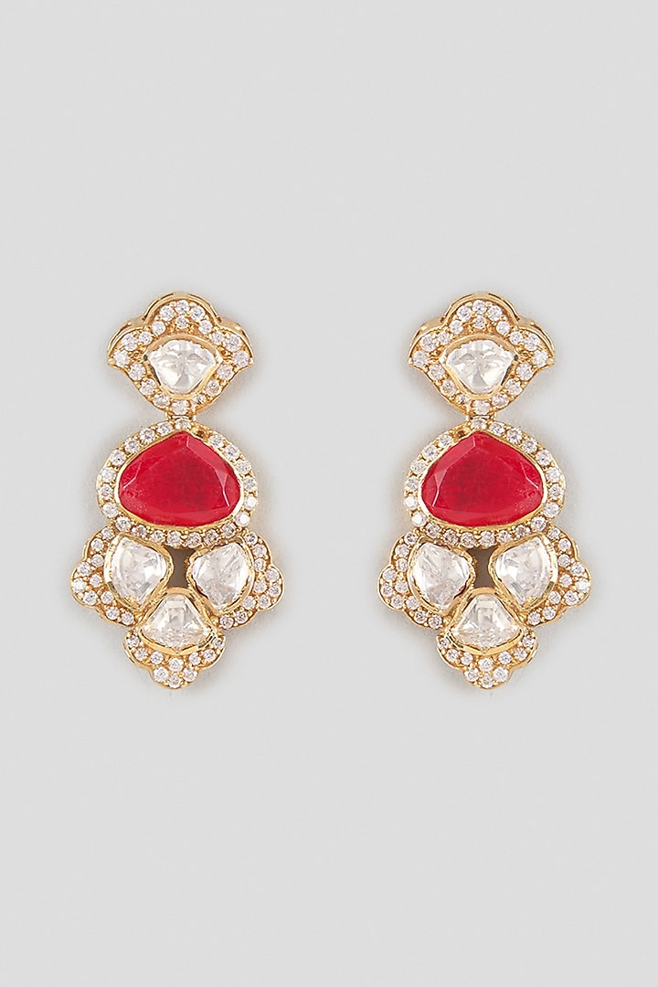 Gold Finish Kundan Polki & Ruby Stone Dangler Earrings In Sterling Silver by Kiara Luxe at Pernia's Pop Up Shop