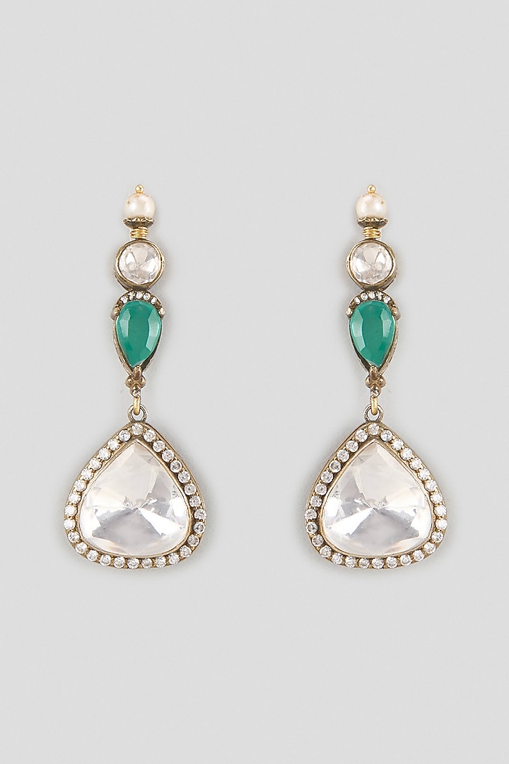 Gold Finish Kundan Polki & Emerald Stone Dangler Earrings In Sterling Silver by Kiara Luxe at Pernia's Pop Up Shop
