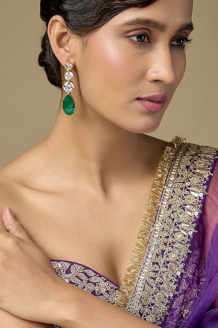 Gold Finish Kundan Polki & Teardrop Emerald Stone Dangler Earrings In Sterling Silver by Kiara Luxe at Pernia's Pop Up Shop