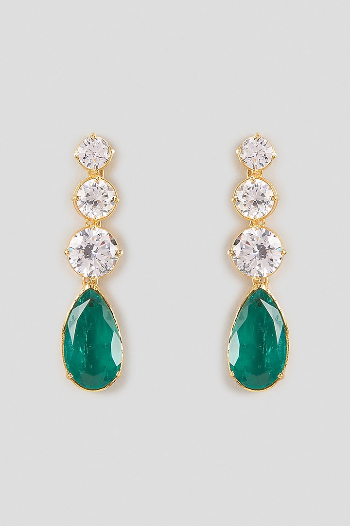 Gold Finish Kundan Polki & Teardrop Emerald Stone Dangler Earrings In Sterling Silver by Kiara Luxe at Pernia's Pop Up Shop