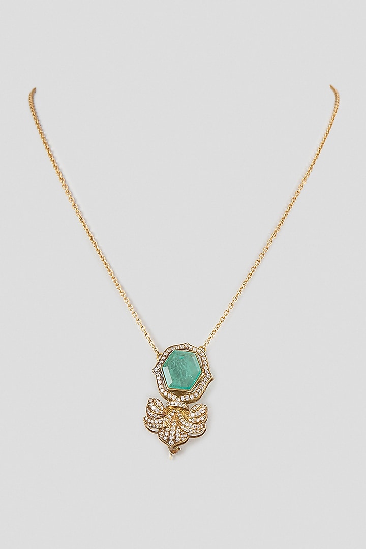 Gold Finish Kundan Polki & Emerald Stone Floral Pendant Necklace In Sterling Silver by Kiara Luxe at Pernia's Pop Up Shop