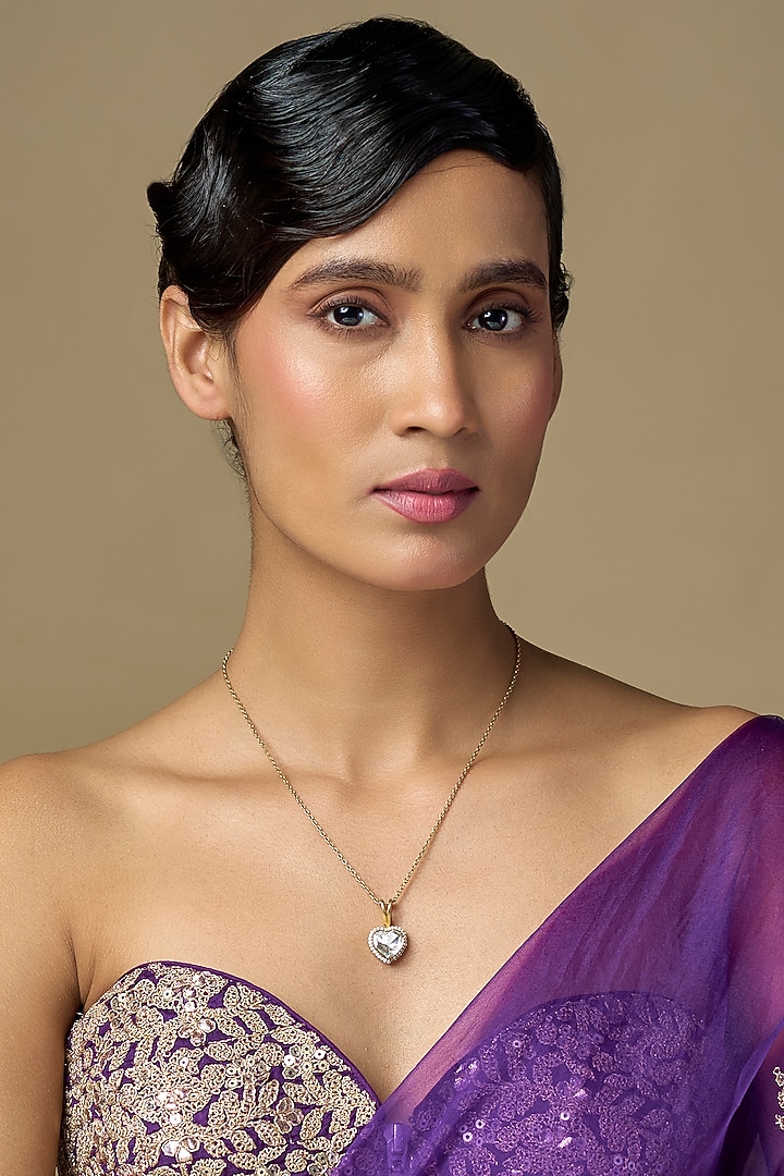 Gold Finish Kundan Polki & Pearl Heart-Shaped Pendant Necklace In Sterling Silver by Kiara Luxe at Pernia's Pop Up Shop