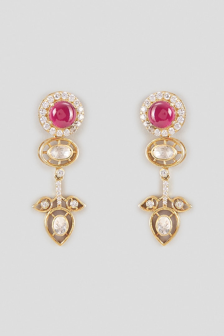 Gold Finish Teardrop Kundan Polki & Ruby Stone Dangler Earrings In Sterling Silver by Kiara Luxe at Pernia's Pop Up Shop