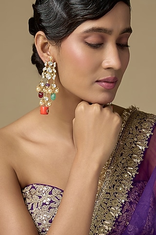 Gold Finish Kundan Polki & Multi-Colored Gemstone Dangler Earrings In Sterling Silver by Kiara Luxe