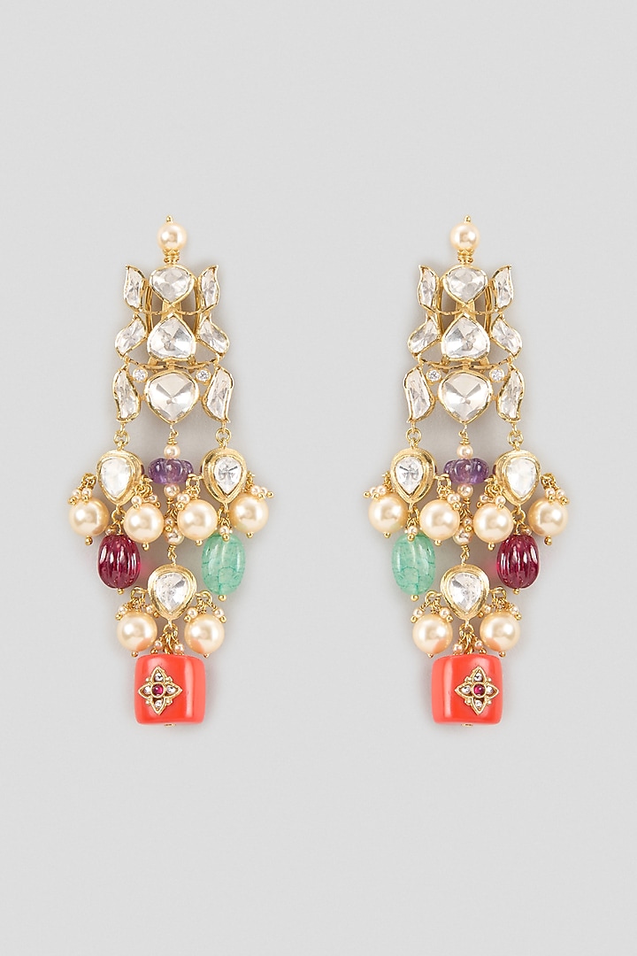 Gold Finish Kundan Polki & Multi-Colored Gemstone Dangler Earrings In Sterling Silver by Kiara Luxe at Pernia's Pop Up Shop