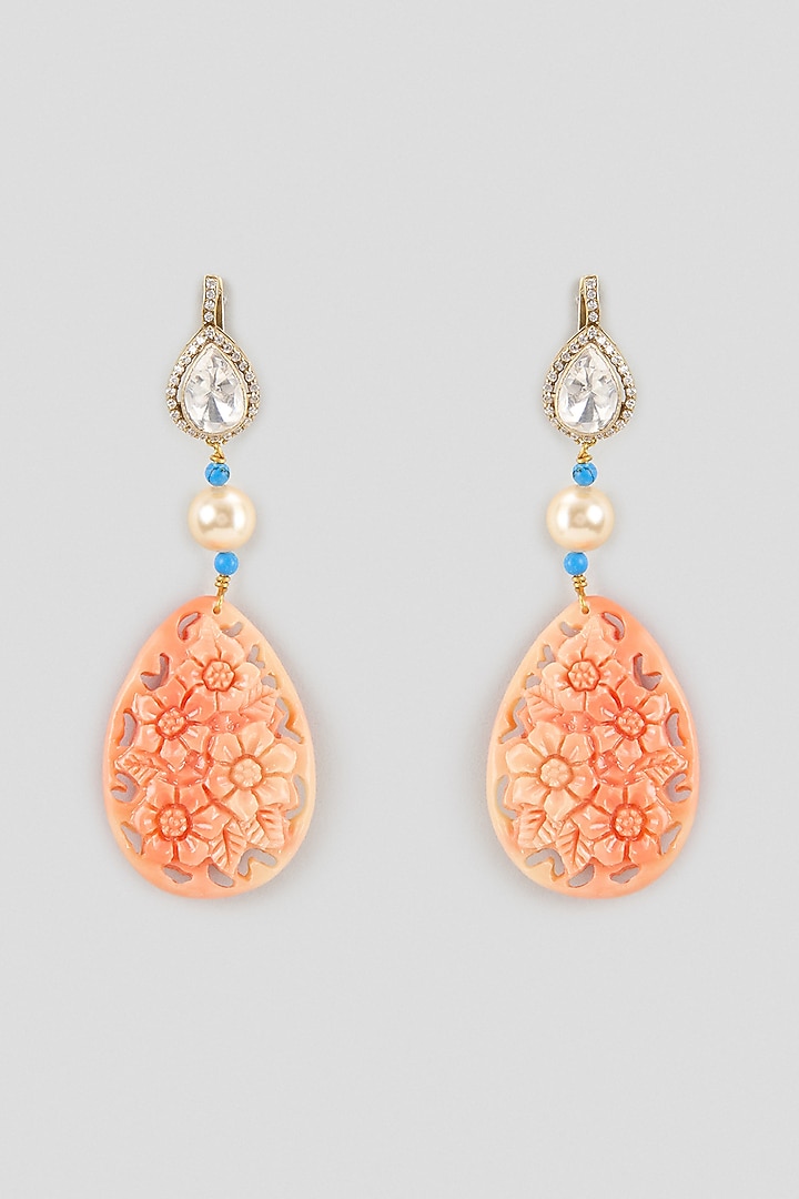 Gold Finish Tear-Drop Coral Stone Dangler Earrings In Sterling Silver by Kiara Luxe at Pernia's Pop Up Shop