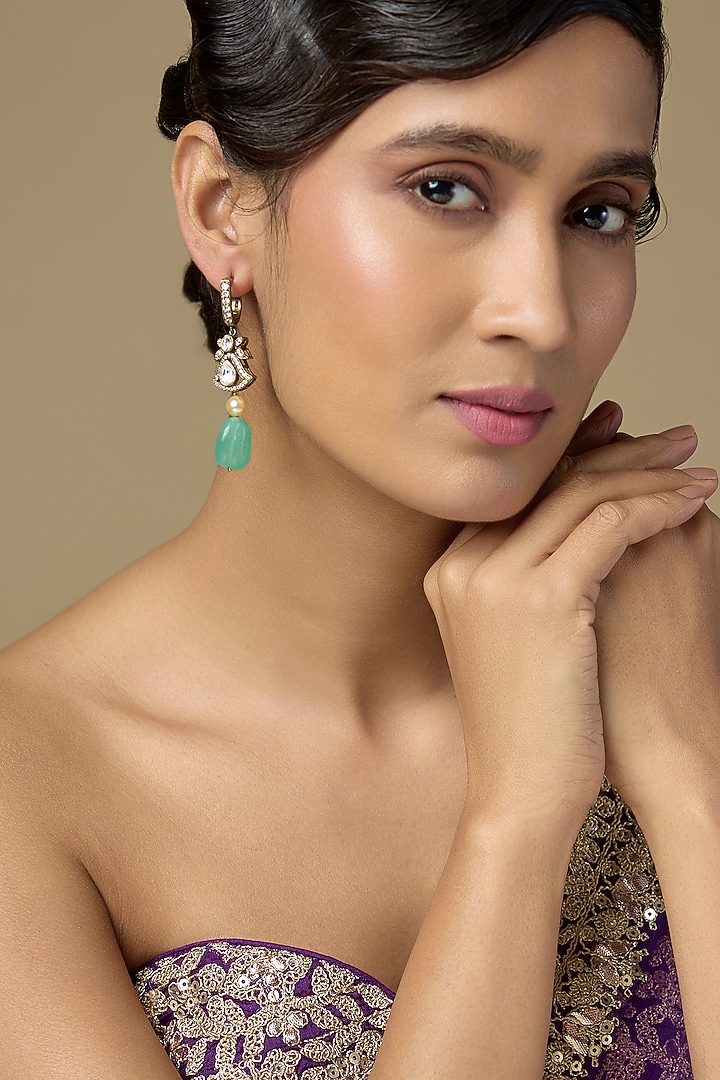 Gold Finish Diamond & Carved Green Drop Dangler Earrings In Sterling Silver by Kiara Luxe at Pernia's Pop Up Shop