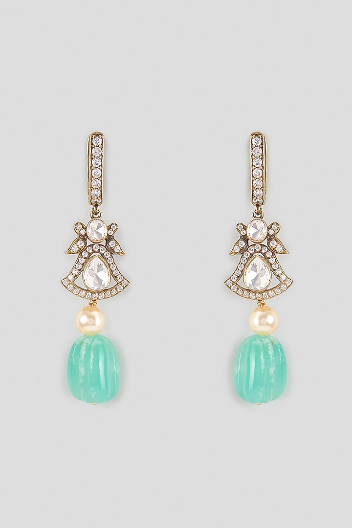 Gold Finish Diamond & Carved Green Drop Dangler Earrings In Sterling Silver by Kiara Luxe at Pernia's Pop Up Shop