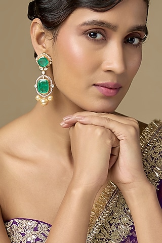 Gold Finish Diamond & Doublet Emerald Dangler Earrings In Sterling Silver by Kiara Luxe