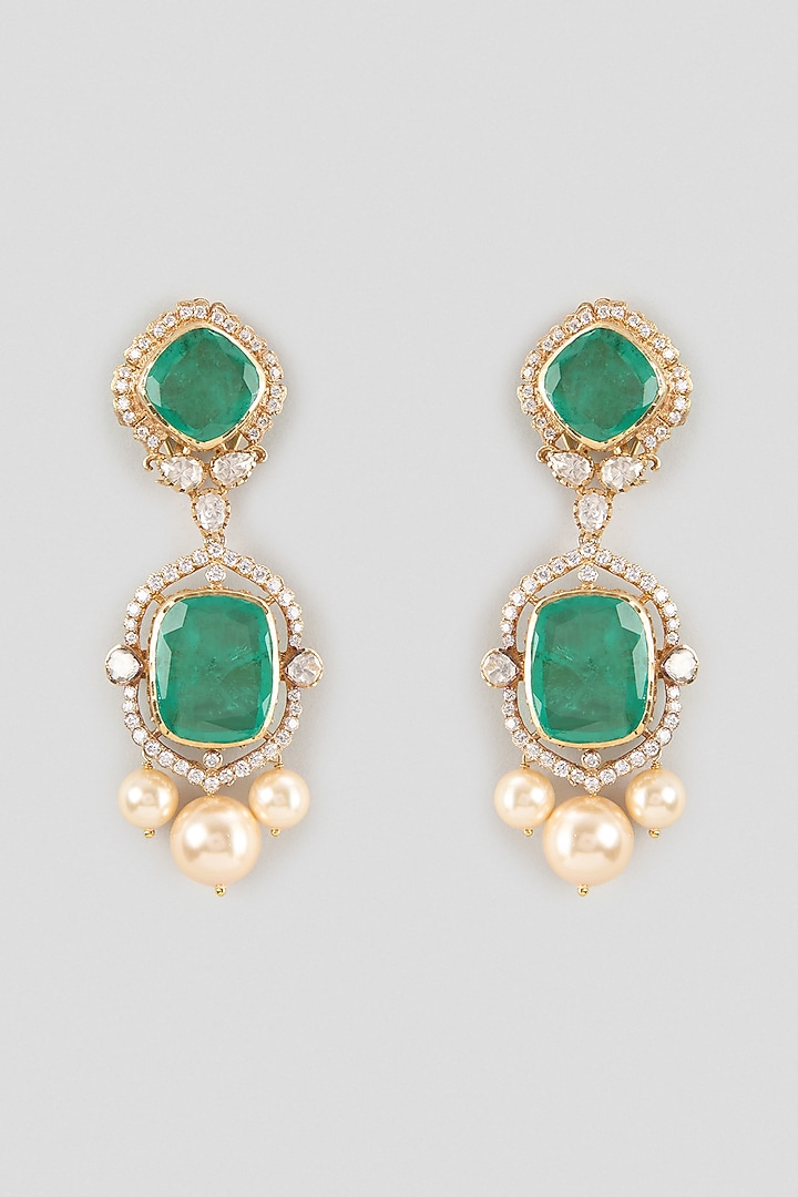 Gold Finish Diamond & Doublet Emerald Dangler Earrings In Sterling Silver by Kiara Luxe at Pernia's Pop Up Shop