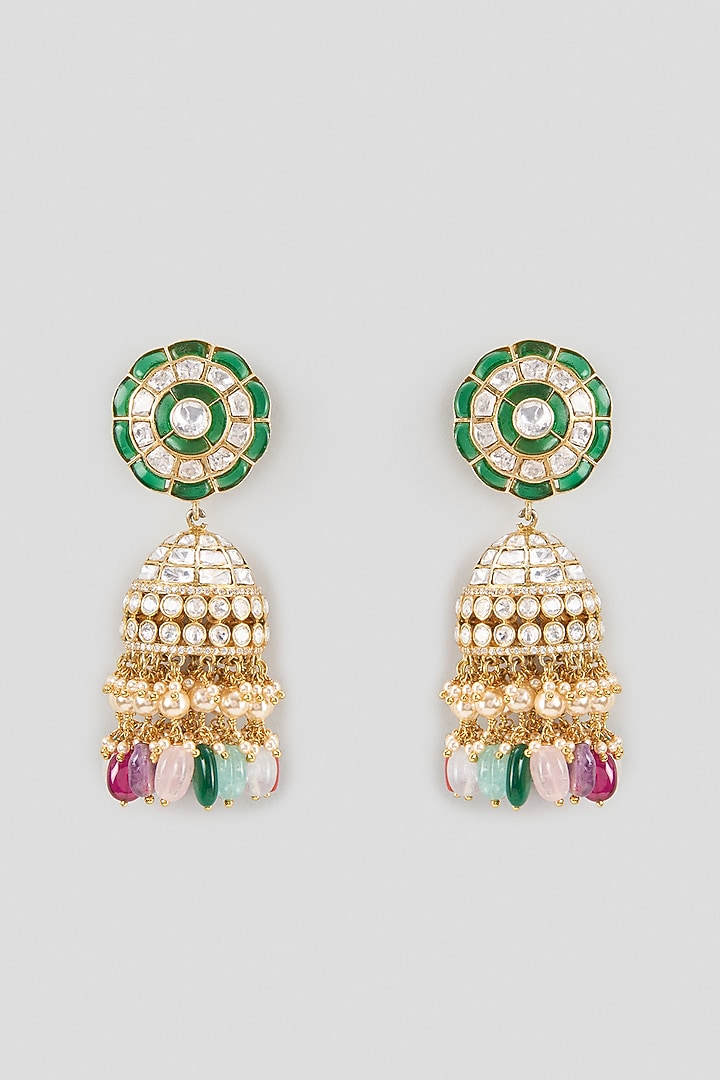 Gold Finish Kundan Polki & Emerald Gemstone Jhumka Earrings In Sterling Silver by Kiara Luxe at Pernia's Pop Up Shop