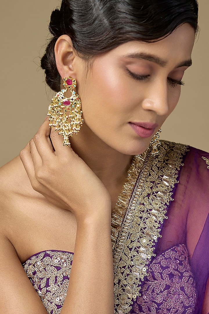 Gold Finish Uncut Polki & Multi-Colored Gemstone Chandelier Earrings by Kiara at Pernia's Pop Up Shop