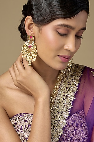 Gold Finish Uncut Polki & Multi-Colored Gemstone Chandelier Earrings by Kiara