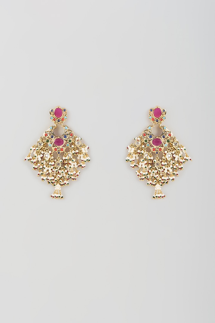 Gold Finish Uncut Polki & Multi-Colored Gemstone Chandelier Earrings by Kiara at Pernia's Pop Up Shop