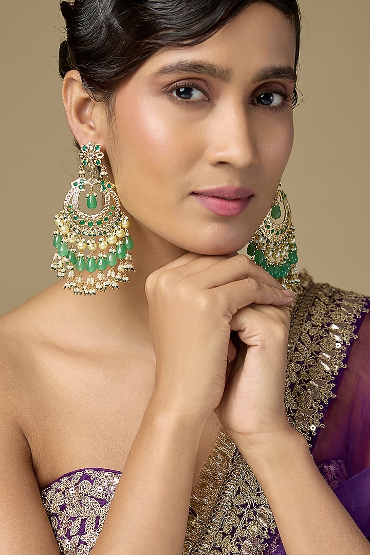 Gold Finish Emerald Stone & Pearl Chandbali Earrings by Kiara at Pernia's Pop Up Shop