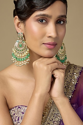 Gold Finish Emerald Stone & Pearl Chandbali Earrings by Kiara