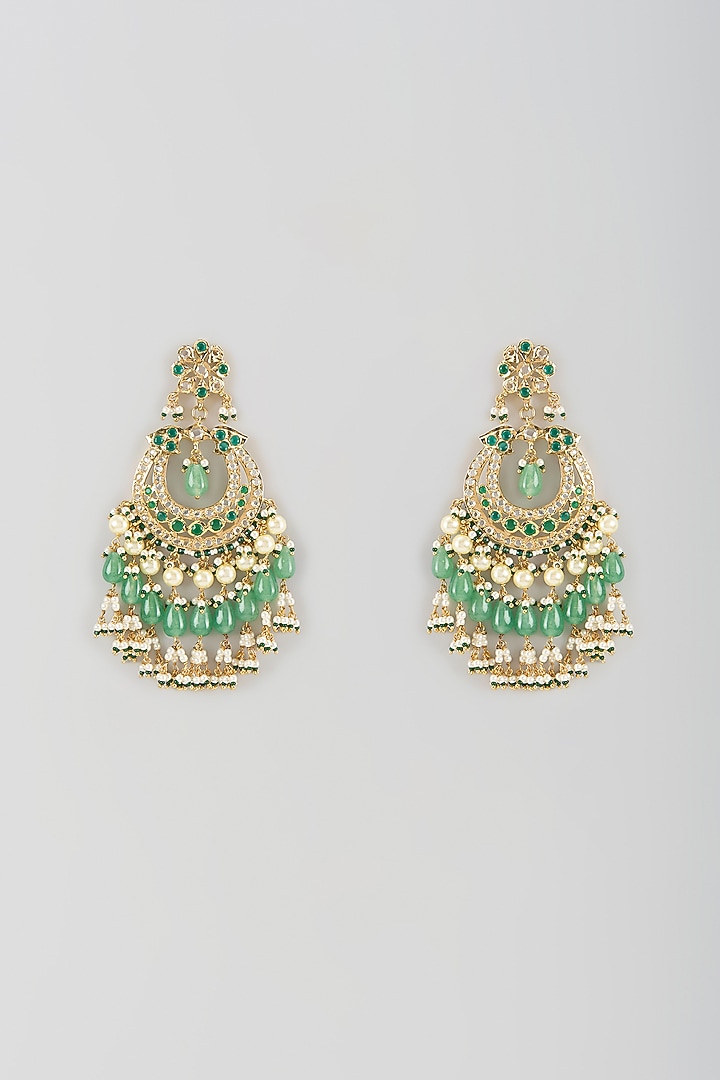 Gold Finish Emerald Stone & Pearl Chandbali Earrings by Kiara at Pernia's Pop Up Shop