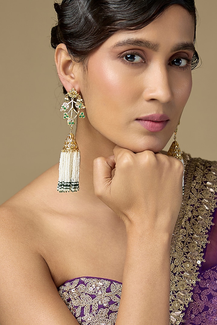 Gold Finish Emerald & Pearl Dangler Earrings by Kiara at Pernia's Pop Up Shop
