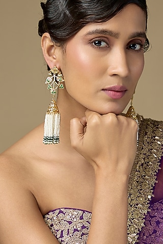 Gold Finish Emerald & Pearl Dangler Earrings by Kiara