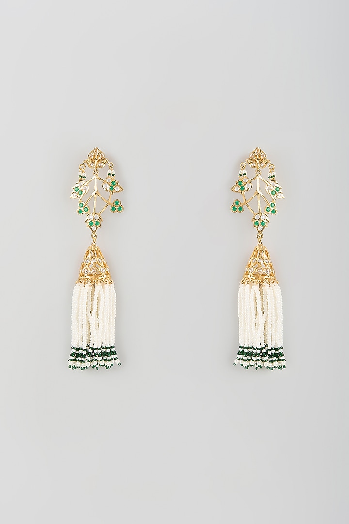 Gold Finish Emerald & Pearl Dangler Earrings by Kiara at Pernia's Pop Up Shop