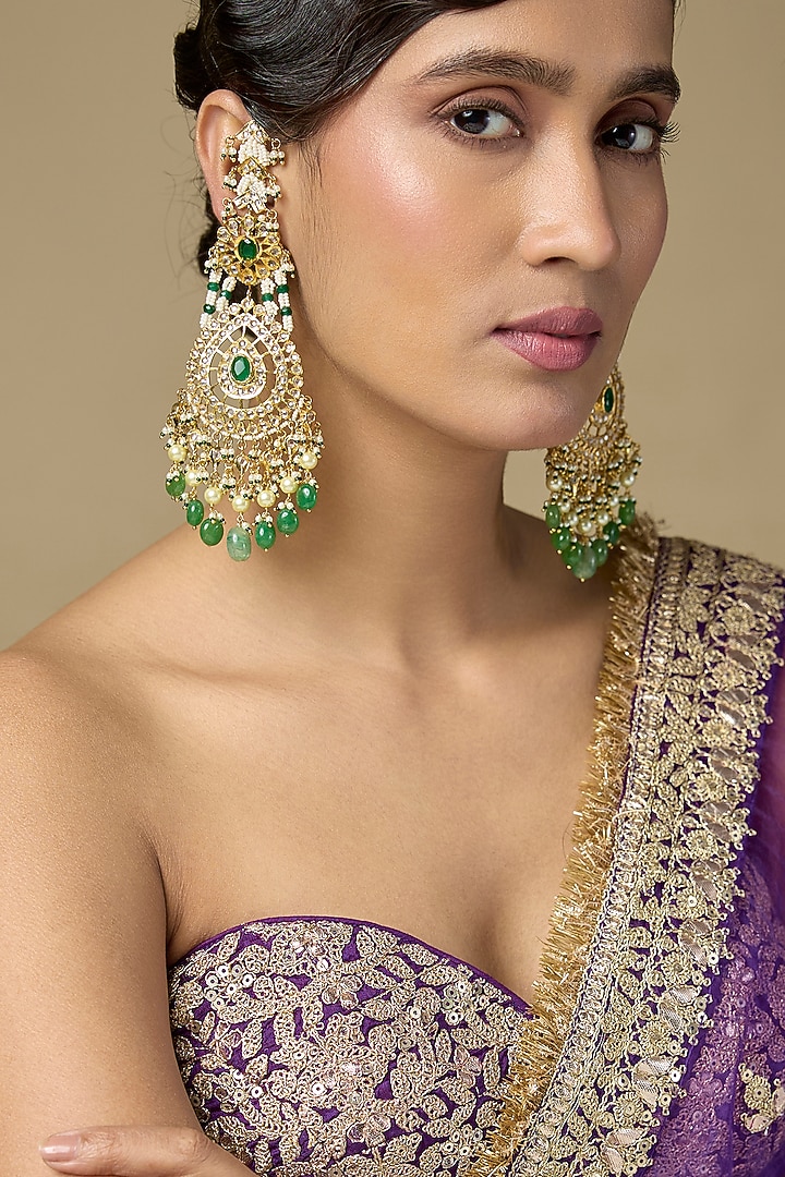 Gold Finish Uncut Polki Diamond & Emerald Drop Dangler Earrings by Kiara at Pernia's Pop Up Shop