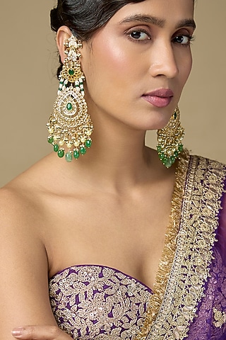 Gold Finish Uncut Polki Diamond & Emerald Drop Dangler Earrings by Kiara