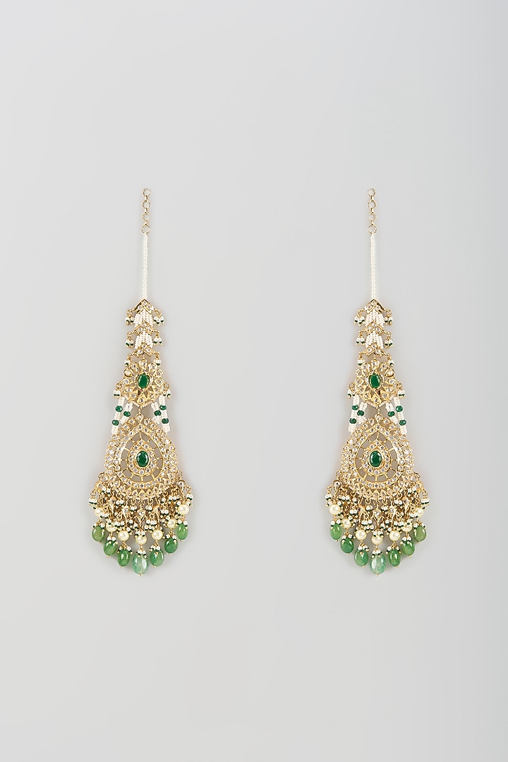 Gold Finish Uncut Polki Diamond & Emerald Drop Dangler Earrings by Kiara at Pernia's Pop Up Shop