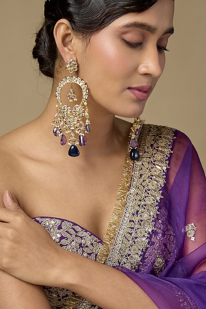 Gold Finish Uncut Polki Diamond & Amethyst Dangler Earrings by Kiara at Pernia's Pop Up Shop